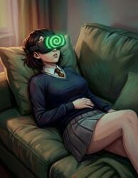 ai_generated brainwashing brown_hair collared_shirt couch female female_focus female_only femsub grey_skirt helmet hypnosis hypnotic_accessory hypnotic_screen hypnotized_female indoors living_room lying lying_back lying_on_back lying_on_couch maddie_kim mind_control necktie pantheon_(series) pillow red_tie school_uniform short_hair skirt spiral suit sweater tech_control tie visor visor_(eyewear) vr_headset window zupern0va_(manipper)