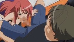 animated blackmail boy breasts breasts_out brown_hair_male clothed clothed_female clothed_male eyeless_male gif girl green_eyes hentai_series licking_penis living_room male/female older_female on_knees poro red_hair_female smiling_male triangle_blue viewed_from_above younger_male