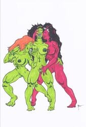 2d 3girls artist_signature ben1804 black_hair breast_sucking breasts clitoris color drawn drooling female female_only green-skinned_female green_skin hulk_(series) lactation lyra marvel marvel_comics multiple_girls nude orange_hair pussy red-skinned_female red_she-hulk red_skin savage_she-hulk she-hulk threesome white_background yuri