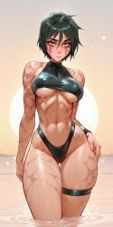 1girls ai_generated bangs bikini black_swimsuit bracelet burn_scar closed_mouth confident dark_green_hair erect_nipples_under_clothes female fit_female hair_between_eyes halterneck hand_on_hip highleg_bikini hourglass_figure in_water jujutsu_kaisen leg_strap looking_at_viewer medium_breasts molamaxuy muscular_female navel ocean outdoors perfect_body revealing_clothes scar shiny_skin short_hair solo standing sunset thigh_gap thin_waist tight_clothing tomboy toned underboob wet wide_hips yellow_eyes zenin_maki