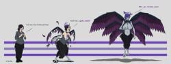 2020 3_fingers 3_toes 6_wings absurd_res angel animal_humanoid artist_name avian avian_humanoid black_bottomwear black_claws black_clothing black_eyes black_footwear black_hair black_pants black_shoes black_text bottomwear breast_expansion breasts claws clothing dialogue digital_drawing_(artwork) digital_media_(artwork) english_description english_text erect_nipples european_mythology expansion feathered_wings feathers feet female fingers floating footwear greek_mythology grey_background grey_body grey_clothing grey_nipples grey_skin grey_sweater grey_topwear growth hair halo harpy harpy_humanoid hi_res human_to_humanoid humanoid looking_pleasured multi_wing mythological_avian mythological_creature mythology navel nipples no_pupils open_mouth pants purple_body purple_feathers purple_hair purple_halo purple_lines purple_text sequence seraph_(angel) shadow simple_background smile solo species_transformation standing sweater text three_frame_image three_frame_sequence toes topwear transformation transformation_by_item transformation_sequence tyrolea wing_growth wings