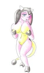 anthro anthrofied big_breasts blue_eyes blush bovine breast_grab breasts cattle erect_nipples female female_only holding_breasts hooves horn huge_breasts looking_at_viewer miltank nipples nude pinup pitch-black-crow plain_background pokemon pussy solo white_background