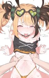 1futa 1girls absurdres bikini black_shirt blush brown_hair cecilia_immergreen clothing_aside commentary_request doll_joints eyewear_on_head faceless faceless_character faceless_futa flat_chest futa_pov futa_with_female futanari futanari_pov gigi_murin gigi_murin_(chatacabra) gold_bikini highres hololive hololive_english implied_sex joints long_hair looking_at_viewer lying mirumiruchan multicolored_hair multiple_girls navel nipples off_shoulder on_back open_mouth out-of-frame_censoring panties panties_aside pink_eyes pov saliva sex shirt short_twintails simple_background sleeves_rolled_up solo_focus stomach_bulge sunglasses sweat swimsuit tank_top teeth tongue torso_grab twintails underwear vaginal_penetration virtual_youtuber white_background