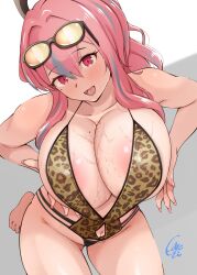 1girls alternate_costume areolae artist_request artist_signature azur_lane big_breasts bremerton_(azur_lane) bremerton_(pillowed_counseling)_(azur_lane) cleavage g-string hand_on_breast kneeling leopard_print mole_on_breast mole_under_eye nipples_visible_through_clothing pink_hair sunglasses_on_head wet_breasts