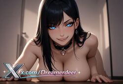 ai_assisted ai_generated bangs black_hair blue_eyes blurry blurry_background blurry_foreground breasts chains cleavage collar collarbone depth_of_field ear_piercing earrings female indoors jewelry large_breasts long_hair looking_at_viewer nude open_mouth piercing pov sharp_teeth smile solo teeth