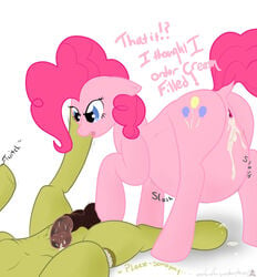 2013 after_sex balls blue_eyes cum cum_in_pussy cum_inside cutie_mark duo english_text equine female feral flaccid friendship_is_magic fur hair horse inflation m-p-l male my_little_pony penis pink_fur pink_hair pinkie_pie_(mlp) plain_background pony text white_background