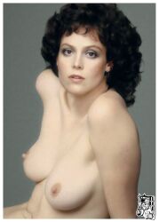 1980s_(style) 1girls beige_skin blender breasts brunette brunette_female celebrity completely_nude curly_hair deviantart eyeliner eyeshadow karaboudjani naked_female nipples petite_breasts pinup realistic sigourney_weaver