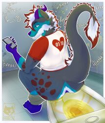 anthro ass big_butt big_tail bodily_fluids clothing electronics fur genital_fluids hair hi_res horn lyonel_(lyonelhy) male mirok peeing phone shirt sitting solo t-shirt tail text toilet toilet_seat toilet_use topwear urine watersports