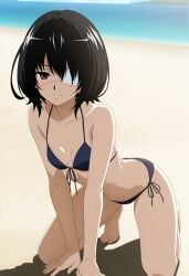 1girls ai_generated another bikini black_hair blue_bikini duderu_vanilla eye_patch female female_only misaki_mei side-tie_bikini solo swimsuit