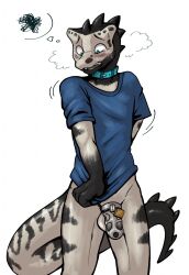 anthro balls blue_eyes blush bodily_fluids bottomless chastity_cage chastity_device clothed clothing collar dinosaur embarrassed gamma_(vitaliachiever) genitals hi_res lock male monochrome_body mottled mottled_body padlock penis prehistoric_species reptile scalie shirt shirt_only solo sweat sweatdrop tail tail_spines topwear topwear_only vitaliachiever