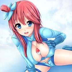 blue_eyes blush female female_only gloves gym_leader human nintendo pointy_chin poke_ball pokemon pokemon_bw red_hair skyla_(pokemon) solo uni8