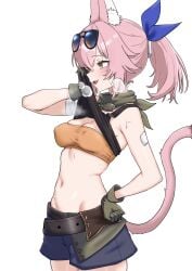 breasts cat_ears cat_tail duel_monster female golden_eyes kitt_(yu-gi-oh!) mostly_clothed nipple_bulge oldsickkim pink_hair ponytail ribbon_in_hair short_shorts steamy_breath sweating tri-brigade_kitt wiping_sweat yu-gi-oh!