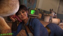 1girls 2boys 3d absurd_res ass bethesda_softworks canine_penis clothed clothed_sex dark_hair deathrayfever ella_purnell fallout fallout_(series) fallout_(tv_series) feral feral_on_female holding_penis knot looking_at_partner lucy_maclean lying lying_down lying_on_stomach ponytail teasing vault_suit zoophilia