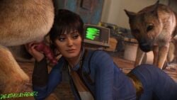 1girls 2boys 3d absurd_res ass bethesda_softworks canine_penis clothed clothed_sex dark_hair deathrayfever ella_purnell fallout fallout_(series) fallout_(tv_series) feral feral_on_female holding_penis knot looking_at_partner lucy_maclean lying lying_down lying_on_stomach ponytail teasing vault_suit zoophilia