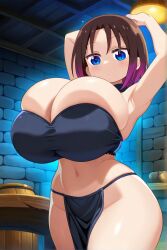 ai_generated black_hair blue_eyes dancing elma_(dragon_maid) female huge_breasts miss_kobayashi's_dragon_maid short_hair two-tone_hair