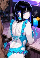 aetera ai_generated beach beach_background biting_lip biting_own_lip black_hair blue_drink blue_eyes blue_hair blue_highlights blue_swimsuit blue_swimwear blunt_bangs bottles chubby colored_inner_hair counter cum_on_back cumdrip dark-skinned_male distel_(the_witchs_fabulous_cracker_show) drinks female flower frilled_one-piece_swimsuit from_behind from_behind_position hair_over_shoulder looking_at_viewer looking_back makeup muscular_male one_piece_swimsuit pale-skinned_female pale_skin penis penis_on_ass purple_glans purple_lips purple_lipstick shelf shoulder_blades side_cutout steaming_body straight_hair sweatdrop the_witchs_fabulous_cracker_show tropical tropical_drink tropical_setting twintails twintails_(hairstyle) veiny_penis wooden_table