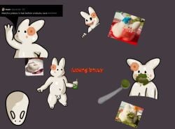 2026 3_fingers anthro balls belly beverage biped blush cheek_spots creepy cutlery digital_drawing_(artwork) digital_media_(artwork) english_text featureless_chest feeding fingers flaccid flaming_text flower_accessory flower_on_head food food_creature fucking_kity_(meme) genitals goo_creature hi_res holding_beverage holding_object humor kitchen_utensils lagomorph leporid long_ears male male_anthro mammal matcha_(tea) multiple_scenes navel nude nude_anthro nude_male penis rabbit reference_image sanestvaporeonfan simple_background sketch_page slightly_chubby slightly_chubby_anthro slightly_chubby_male solo speech_bubble spoon text tools tweet white_body