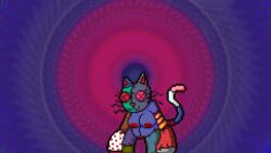 abstract_background alexis_wasilla animate_inanimate anthro big_hands blue_body button_(fastener) button_eyes cat_smile digital_media_(artwork) domestic_cat eyelashes felid feline felis female genitals living_plushie long_arms mammal nipples organs patchwork_creature pixel_(artwork) plushie plushophilia red_eyes red_nose solo spiral_background split_color_body spots stitch_(sewing) stitched_face stomach stripes tail thick_thighs vulva what whiskers