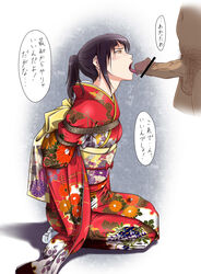 arms_behind_back bondage black_hair bondage censored earrings highres japanese_clothes jewelry kimono licking obi oral original penis sakuraba_tsukasa saliva seiza short_ponytail sitting sweatdrop tabi tear tongue tongue_out