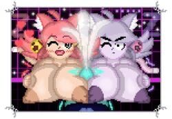 ... 1boy 2girls annoyed bells big_breasts black_hair blue_skin blushing breasts cat_ears cat_tail catgirl closed_eyes cum cumming cumming_from_paizuri deltarune deltarune_chapter_5 double_paizuri green_eyes happy_expression hearts holding_own_breasts irritable_ghost_(deltarune) kris_(dark_world_form) kris_(deltarune) large_breasts nipples paizuri penis_between_breasts pink_(deltarune) pixel_art self_upload tail zixy