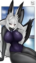 1girl animal_ears breasts bunny_ears covered_navel dya_rikku_(vtuber) eyebrows_visible_through_hair grey_hair huge_breasts indie_virtual_youtuber long_hair looking_at_viewer one-piece_swimsuit red_eyes sitting smile solo swimsuit tail virtual_youtuber vyugen white_hair
