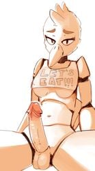 1futa avian bib chica_(fnaf) classic_chica_(fnaf) five_nights_at_freddy's fridge_(artist) furry futa_only futanari intersex penis robot solo straight_hair taker_pov uncensored white_background