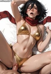1boy 1girls ai_generated ainoob17 armpits attack_on_titan black_hair golden_bikini hetero mikasa_ackerman missionary missionary_position moaning red_scarf scarf sex shingeki_no_kyojin short_hair straight tagme vaginal vaginal_penetration vaginal_sex viewed_from_above