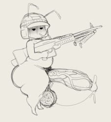 axoarts balls_out ballsack casual_nudity holding_weapon large_penis machine_gun object_in_mouth precum_string pubic_hair