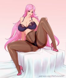 1girls bent_legs big_breasts big_thighs bra commission eyelashes female female_only heels hi_res light_skin lingerie long_hair looking_at_viewer nofuture panties panties_under_pantyhose pantyhose pink_hair pink_lips sagiri_yuuko sitting smiling smiling_at_viewer solo thick thick_thighs triage_x very_long_hair