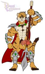 1boy anthro armor balls clothing darius_leodragon feline half-erect humanoid_penis looking_at_viewer male male_only mammal melee_weapon muscular muscular_male pecs penis polearm pubes smile solo spear standing vein weapon