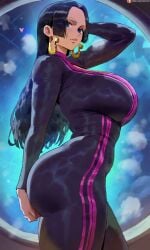 1girls ai_generated big_ass big_breasts black_hair blue_eyes boa_hancock bodysuit curvy curvy_body curvy_female curvy_figure earrings huge_ass huge_breasts large_ass large_breasts light-skinned_female light_skin long_hair looking_at_viewer mature_female milf one_piece shiny shiny_skin solo solo_female