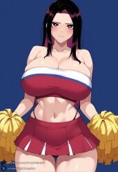 1female 1girl 1girls 2026 ai_generated artist_name ass_visible_through_thighs bare_shoulders big_ass big_breasts black_hair black_panties blue_background blush breasts cheerleader cleavage closed_mouth collarbone crop_top curvy hi_res high_quality high_resolution highleg highleg_panties highres holding huge_ass huge_breasts long_hair looking_at_viewer manhwa midriff miniskirt multicolored_hair navel panties patreon patreon_username pleated_skirt pom_pom_(cheerleading) red_eyes red_skirt seyoung_na simple_background skirt solo someone_stop_her strapless thighs tube_top underwear unjobdespiert watermark webtoon