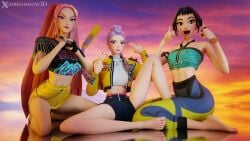 3d 3girls asian asian_female black_hair braid brown_eyes busty darkshadow3d female female_focus female_only fortnite hourglass_figure kneeling kpop_demon_hunters light-skinned_female light_skin makeup mira_(kpop_demon_hunters) navel pink_hair purple_hair rumi_(kpop_demon_hunters) sitting slim_waist tagme twin_buns twintails wide_hips zoey_(kpop_demon_hunters)