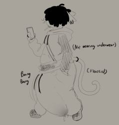 1boy anthro axoarts boing bulge_through_clothing dark-skinned_male dreads flaccid hung_femboy lollipop_in_mouth small_but_hung underwearless using_phone visible_pubic_hair