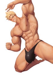 1boy abs armpit_hair armpits arms_up bara beefy beer biceps big_areola big_bulge blonde_hair blush breasts breasts_bigger_than_head broad_shoulders bulge bulge_through_clothing collarbone dutch_angle flaccid gay grin hi_res hunk kneeling legs_apart male male_breasts male_only manly mature_male meisho_hanten moobs muscles muscular muscular_arms muscular_legs muscular_male muscular_neck muscular_thighs navel oppai original original_character peace_sign pecs practically_nude pubic_hair short_hair six_pack solo spiky_hair thick thick_arms thong topless tough_guy triceps victory white_background wide_eyed yaoi