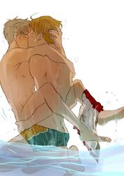 2boys abs alfred_jones america_(hetalia) arthur_kirkland axis_powers_hetalia blonde_hair blush england_(hetalia) incest kissing male male_only multiple_males pecs pool shorts swimming_trunks water yaoi