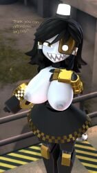 1girls 3d black_hair breasts breasts_out fan_character gold gold_(metal) looking_at_viewer mimi_sentry novaprosp3kt outside presenting presenting_breasts robot robot_girl self_upload sfm sharp_teeth skirt solo solo_female source_filmmaker team_fortress_2