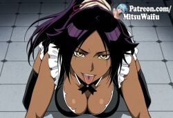 1girls ai_generated bare_shoulders big_breasts black_hair breasts cleavage clothing curvaceous curvaceous_figure curvy curvy_body curvy_figure dark-skinned_female dark_skin dress eyelashes eyeshadow female female_focus female_only girl glistening hair hips indoors large_breasts lips long_hair looking_at_viewer makeup open_mouth partially_clothed seductive_body seductive_pose sexy sexy_body sexy_pose skirt smile solo solo_female thick thighs tongue tongue_out voluptuous voluptuous_female yellow_eyes yoruichi_shihouin