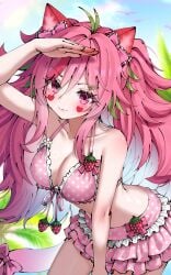 big_breasts bikini bikini_bottom bikini_top breasts catgirl emzberry pink_eyes pink_hair sonic_(series) sonic_the_hedgehog_(series) strawberry streamer virtual_youtuber vtuber vtuber_persona vtuberfanart vtubers youtuber