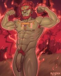 armpit_hair armpits balls bara beard facial_hair flaccid flexing ganondorf gerudo green_body green_skin male male_only muscles muscular nintendo nude nuttkraken penis red_hair solo solo_male the_legend_of_zelda