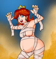 1girls belly big_belly big_breasts breasts brown_hair crown female halloween halloween_costume mario_(series) nintendo nipples outie_navel pregnant princess_daisy solo tagme_(artist)