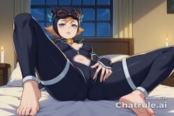 1girl ai_assisted ai_generated animal_ears anime_screenshot barefoot batman black_bodysuit blonde_hair blue_eyes cameltoe candle_light candles catwoman cleavage collar covered_erect_nipples dark_room domino_mask fingerless_gloves half_closed_eyes highres hotel_room jingle_bell leotard looking_at_viewer lying_on_back masturbating navel neck_bell night on_bed parted_lips rubbing_crotch short_hair shy small_breasts solo spread_legs viewed_from_below window