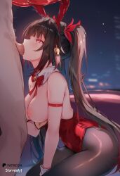 1boy 1girl ai_generated bare_shoulders black_hair blush breasts bunny_suit city closed_eyes clothes_aside fellatio hetero highres honkai:_star_rail kneeling large_breasts leotard long_hair looking_up night nipples nsfw oral outdoors penis red_eyes red_leotard saliva shiny_skin skyline sparkle_(honkai:_star_rail) stormiaart sweat twintails uncensored