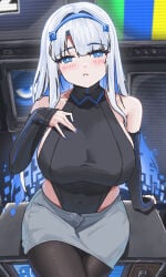 1girl bare_shoulders black_leotard black_pantyhose blue_eyes blue_hair blue_nails blush breasts closed_mouth commentary_request covered_navel detached_sleeves fairy_(zenless_zone_zero) from_above grey_skirt hand_on_own_chest highres hp1598 large_breasts leotard long_hair long_sleeves looking_at_viewer multicolored_hair pantyhose personification sitting skirt solo television turtleneck turtleneck_leotard white_hair zenless_zone_zero