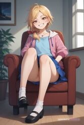 1girl ai_assisted ai_generated beautiful blonde_hair brown_eyes day digimon dress full_body general grayscale grin high_contrast highres indoors looking_at_viewer no_nose perfect_anatomy pussy saki sharp_teeth simple_background sitting_on_chair slit_pupils smile smug socks source_anime upskirt_view