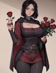 1girls ai_generated black_fingernails black_hair black_nail_polish black_nails cape female female_only gorget happy happy_female light-skinned_female light_skin looking_at_viewer pale-skinned_female pale_skin rose rose_(flower) serana short_hair skyrim smile solo solo_female tagme the_elder_scrolls vampire vampire_girl yellow_eyes