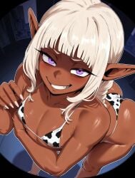 1boy 1femboy ai_generated blush blushing cow_print dark-skinned_femboy dark-skinned_male dark_skin dungeon_meshi elf elf_ears elf_femboy elf_male femboy hair ironart ironart158 long_hair male purple_eyes smile smiling solo solo_femboy solo_male thistle_(dungeon_meshi) white_hair