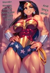 1girls abs ai_generated big_breasts black_hair blue_eyes clothed clothing dc dc_comics english_text female female_focus female_only fit_female gigiti large_breasts long_hair muscles muscular muscular_female superheroine text thick_thighs trogiai wonder_woman wonder_woman_(series)