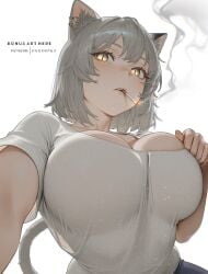 1girl ai-assisted ai_generated animal_ear_fluff animal_ear_piercing animal_ears breasts cat_ears cat_girl cat_tail chokopaii cigarette commentary double-parted_bangs fang from_below glowing glowing_eyes grey_hair hand_on_own_chest highres looking_at_viewer medium_hair parted_bangs patreon_username piercing satou_yaniko shirt short_sleeves simple_background slit_pupils smoke smoking solo t-shirt tail teeth upper_teeth_only white_background white_shirt white_tail yani_neko yani_neko_(yani_neko) yellow_eyes