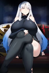 absurdres bare_shoulders black_shirt black_thighhighs blue_eyes blue_hair blue_hairband breasts closed_mouth colored_eyelashes commentary couch crossed_legs detached_sleeves fairy_(zenless_zone_zero) hairband highres huge_breasts indoors laxiusart long_hair looking_at_viewer multicolored_hair on_couch paid_reward_available personification pillow shirt sitting solo thighhighs white_eyelashes white_hair zenless_zone_zero